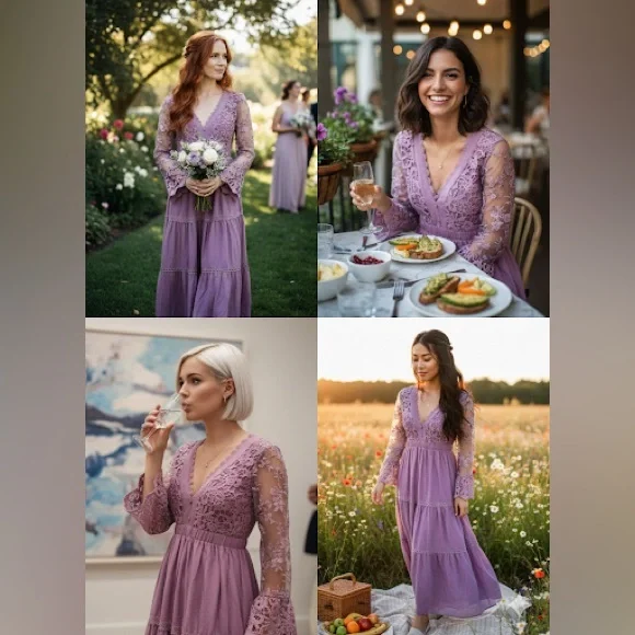 Boho Chic Lavender Lace V-Neck Bell Sleeve Cottagecore Tiered Maxi Dress Size S - Picture 3 of 14